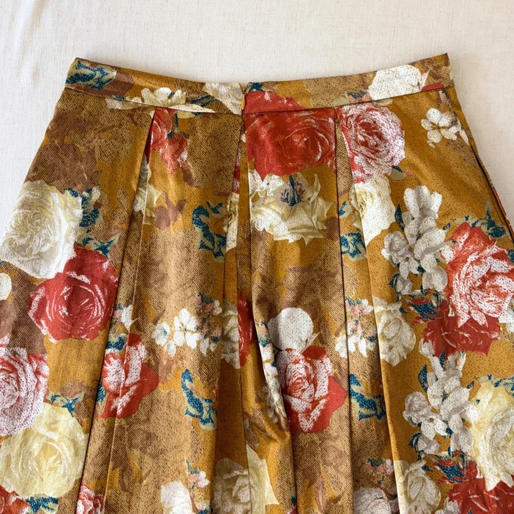 Tahari Arthur‎ S Levine Cottagecore Floral Mustard A-Line Pleated Skirt 12